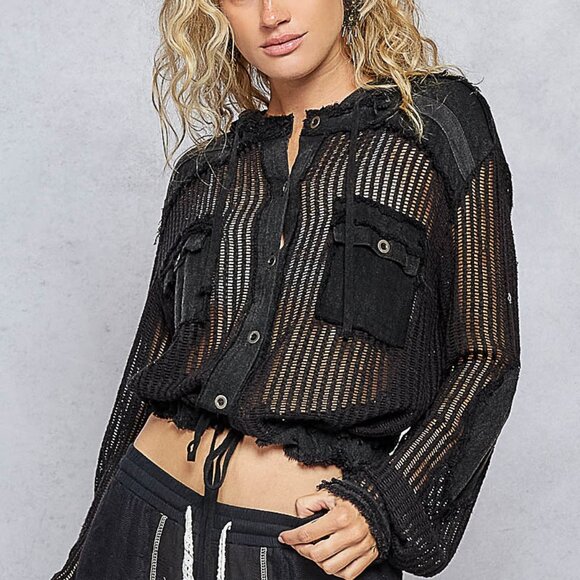 B33 NEW! POL perfection in black see through button up shacket w/tie waist-LUXE - Picture 3 of 7
